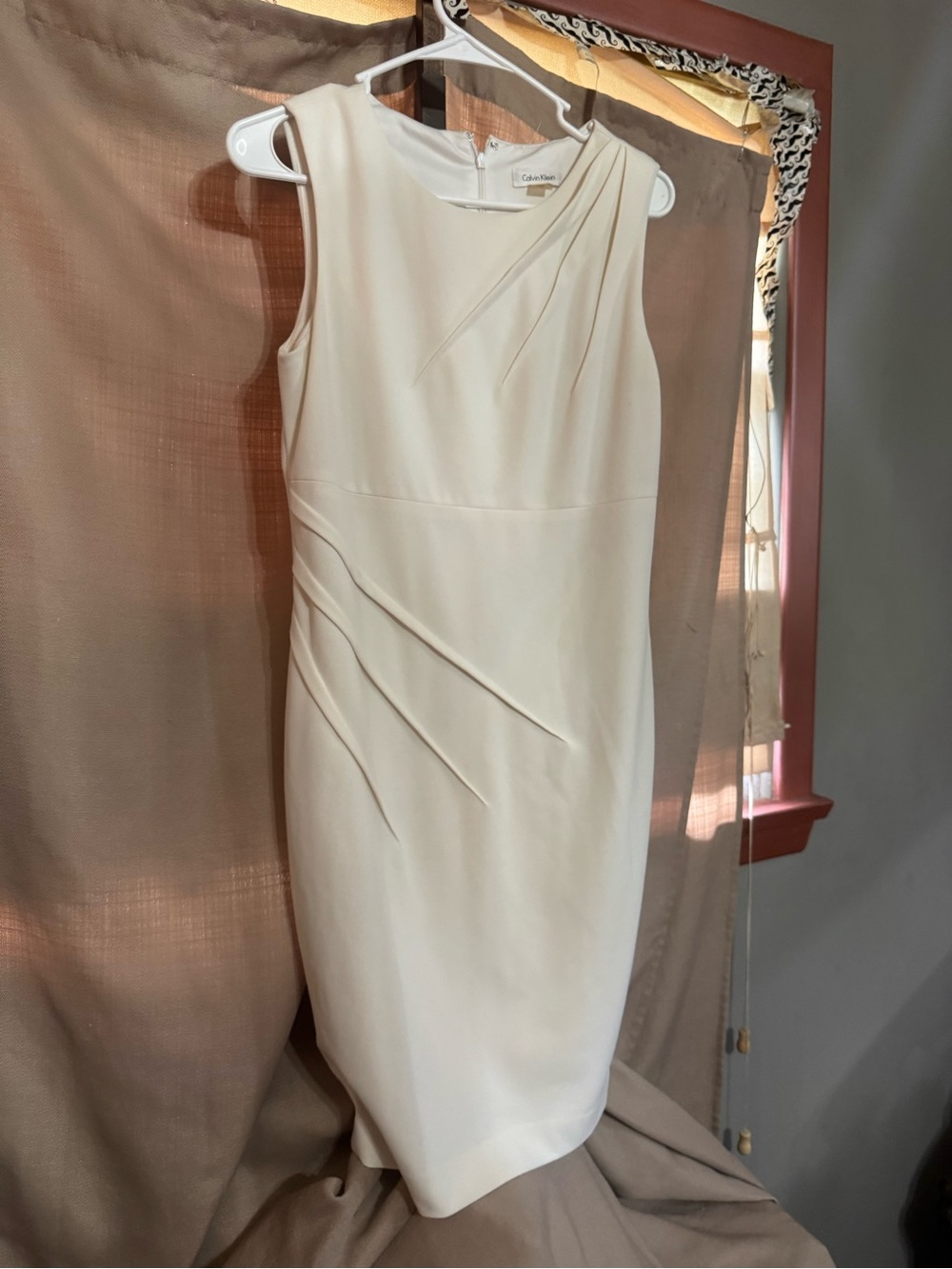 Calvin Klein Cream Sleeveless Sheath Dress with Pleat Accents